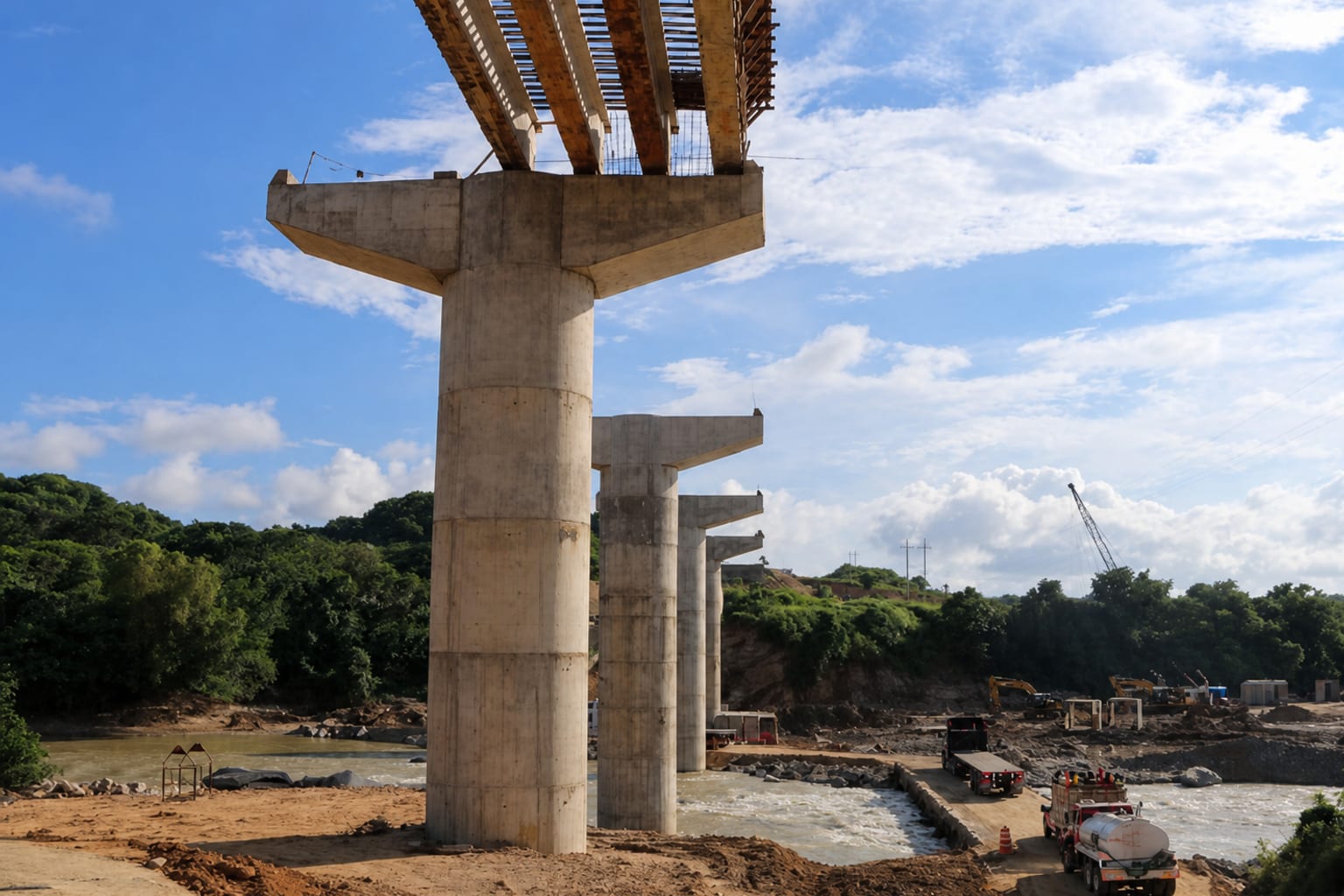 Estructura de puente de concreto en construcción sobre un cauce