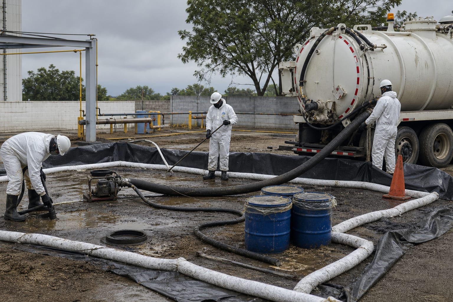Equipo técnico realizando contención y recuperación de un sitio industrial afectado