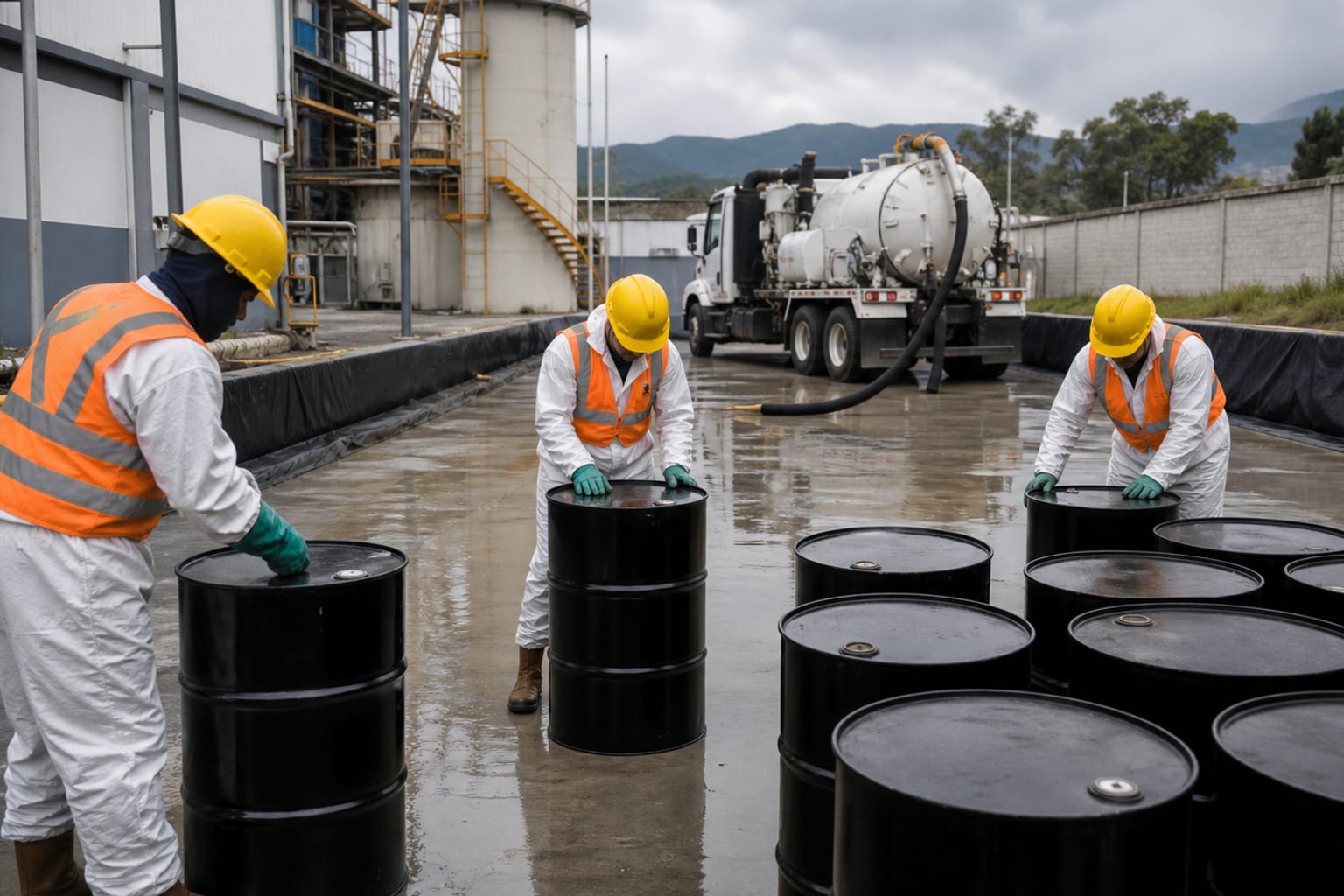 Personal técnico organizando tambores sellados en un área de contención industrial