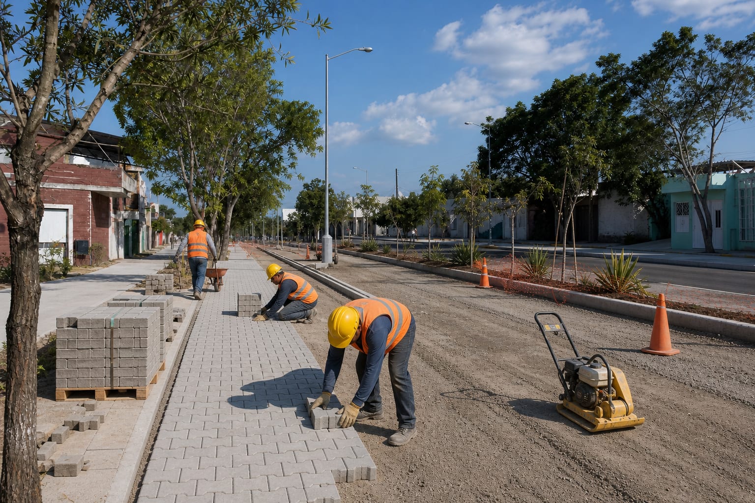 Personal colocando adocreto en una vialidad urbana en proceso de construcción