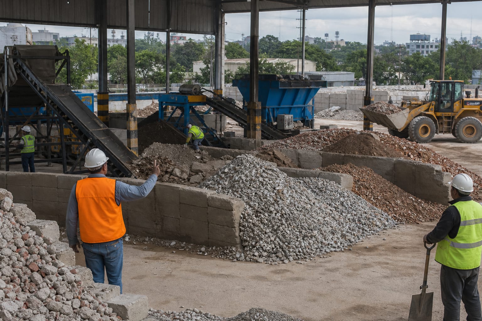 Planta de recuperación de cascajo con bandas, patios y montículos de materiales clasificados