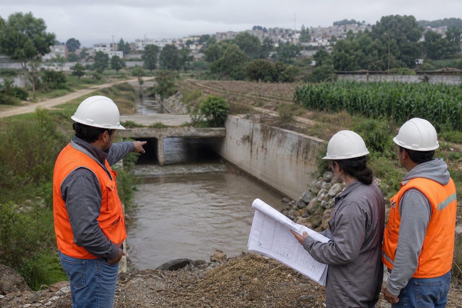 Equipo técnico revisando un canal pluvial junto a una zona urbana y agrícola