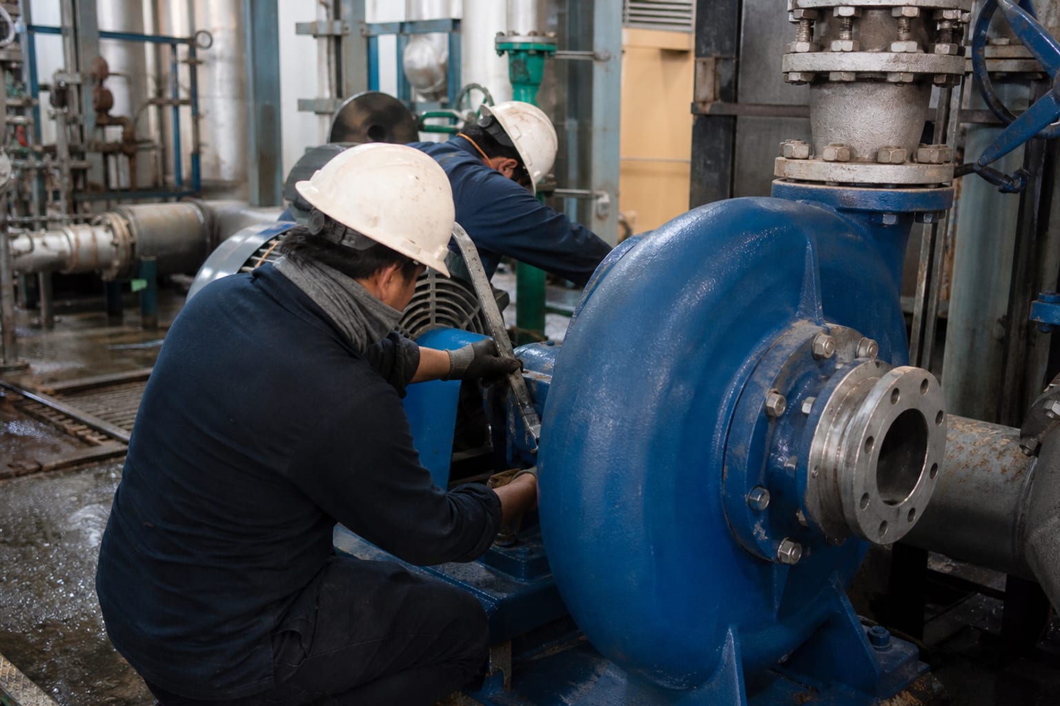 Personal técnico realizando mantenimiento en una instalación de bombeo industrial