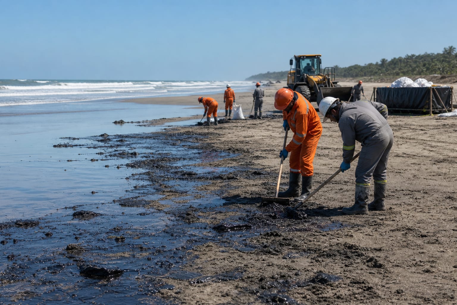 Personal técnico retirando residuos impregnados en hidrocarburos de una playa