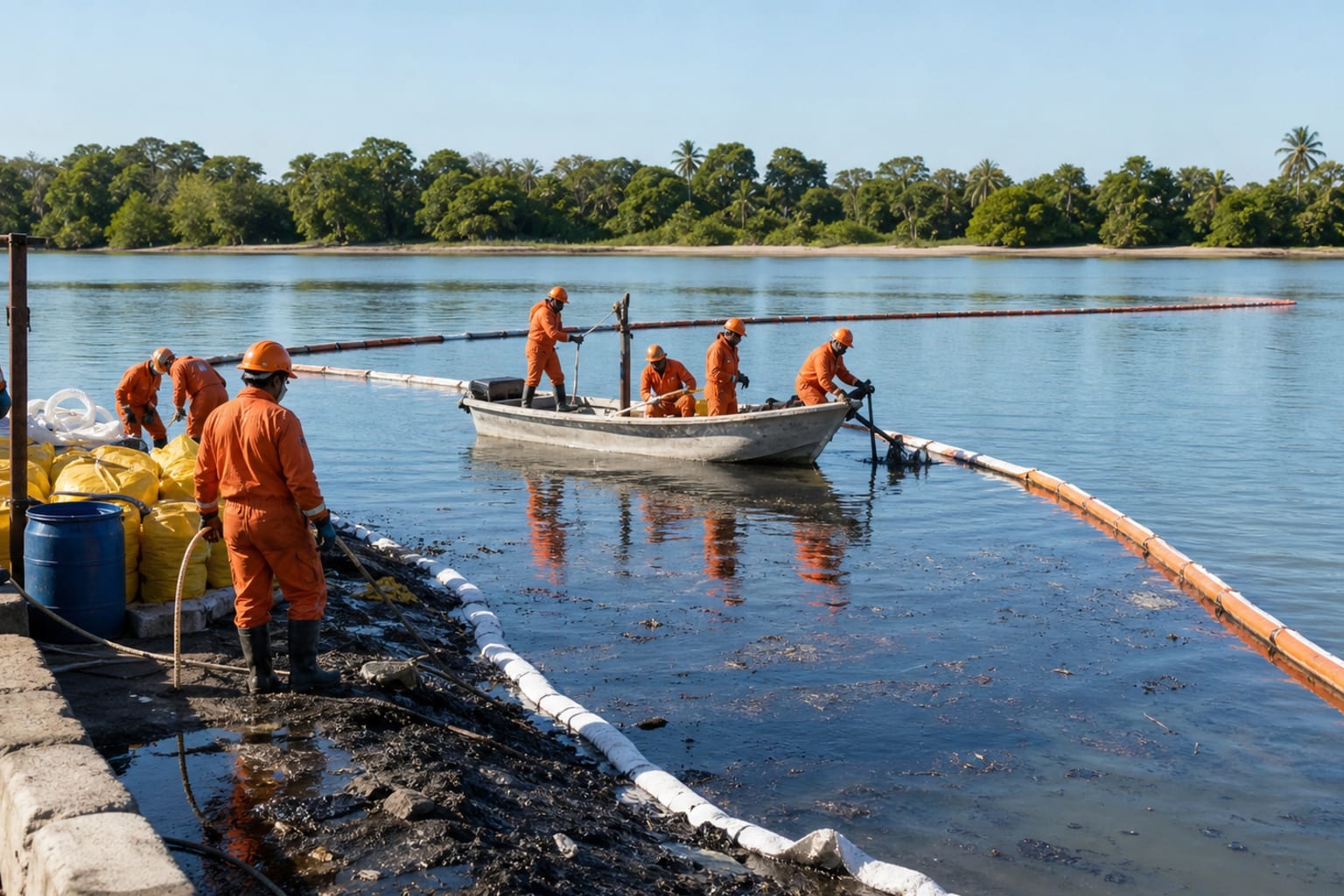 Equipo técnico instalando barreras de contención en un cuerpo de agua
