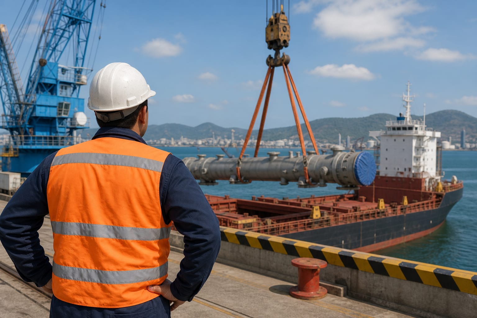 Operación portuaria con personal técnico, grúa y maniobra de infraestructura