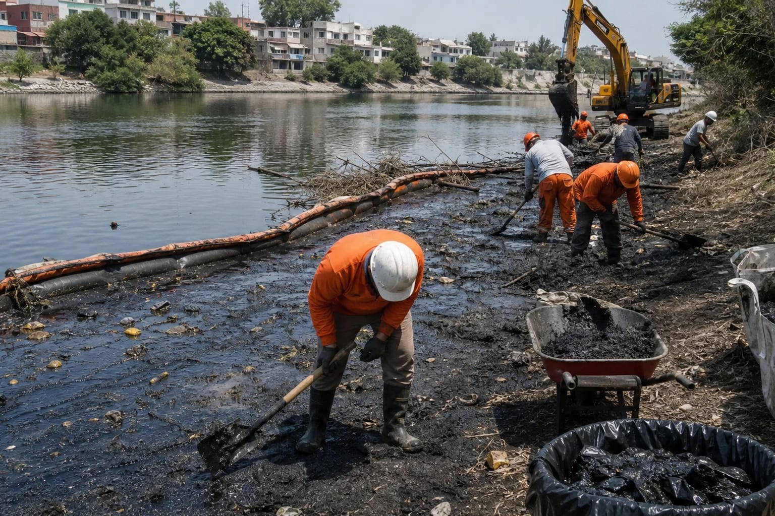 Personal técnico retirando sedimento y residuos de una ribera urbana