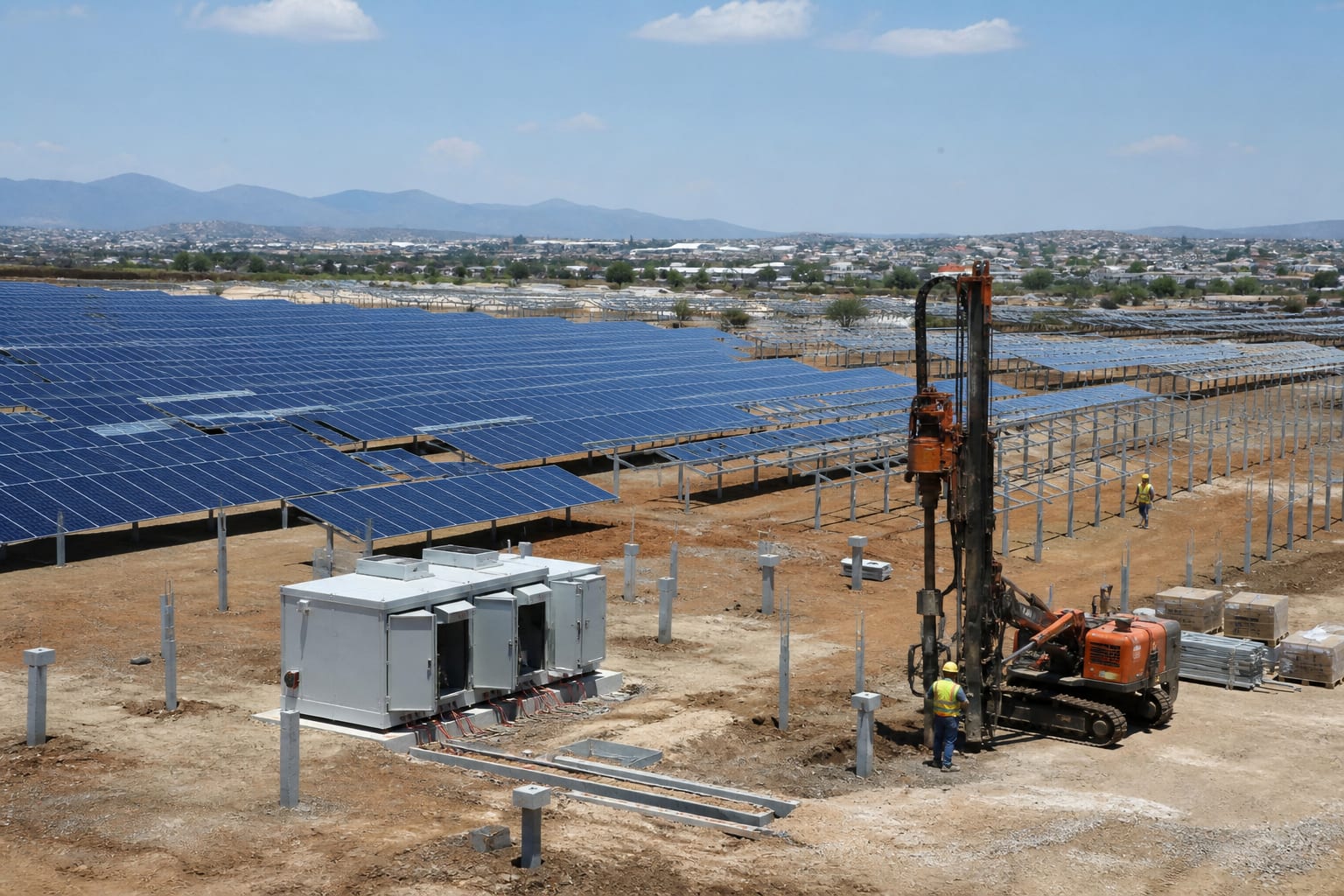 Granja solar en construcción con paneles, cimentaciones y equipo técnico