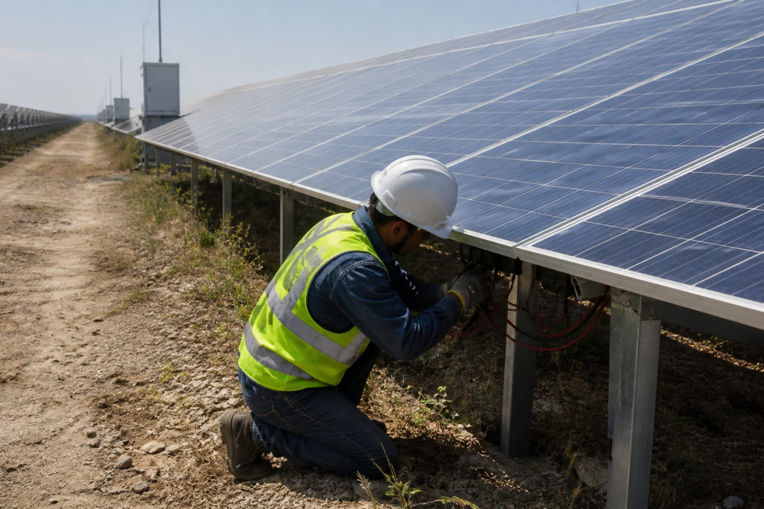 Personal técnico inspeccionando paneles solares en una instalación de energía