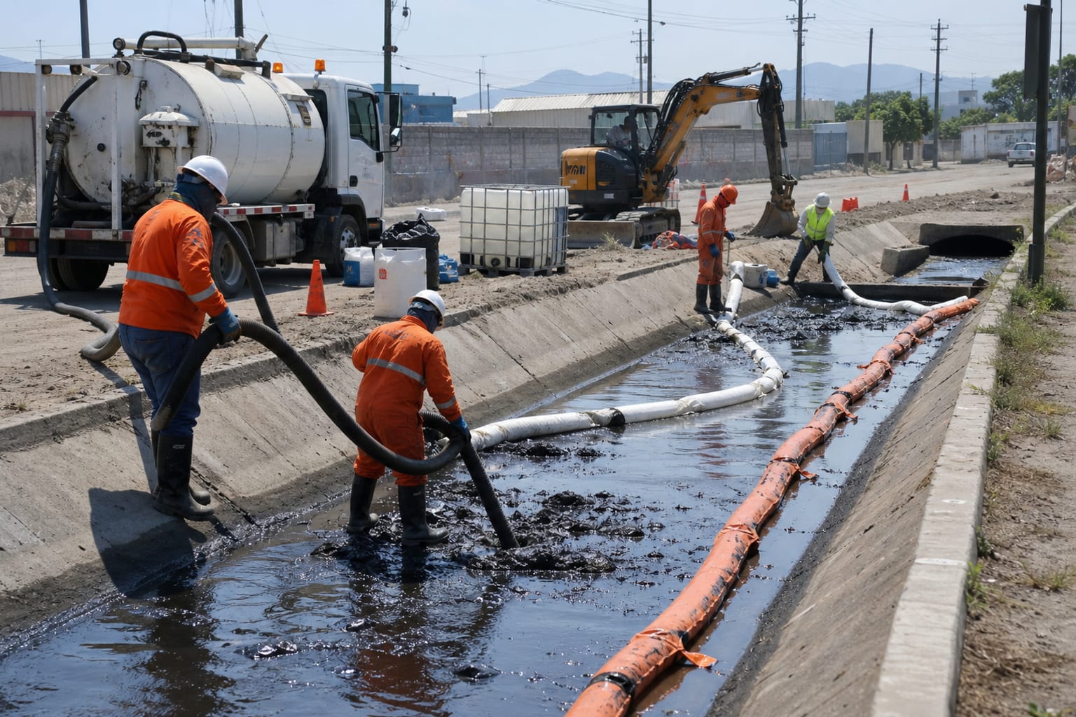 Personal técnico realizando limpieza y contención en un canal pluvial urbano