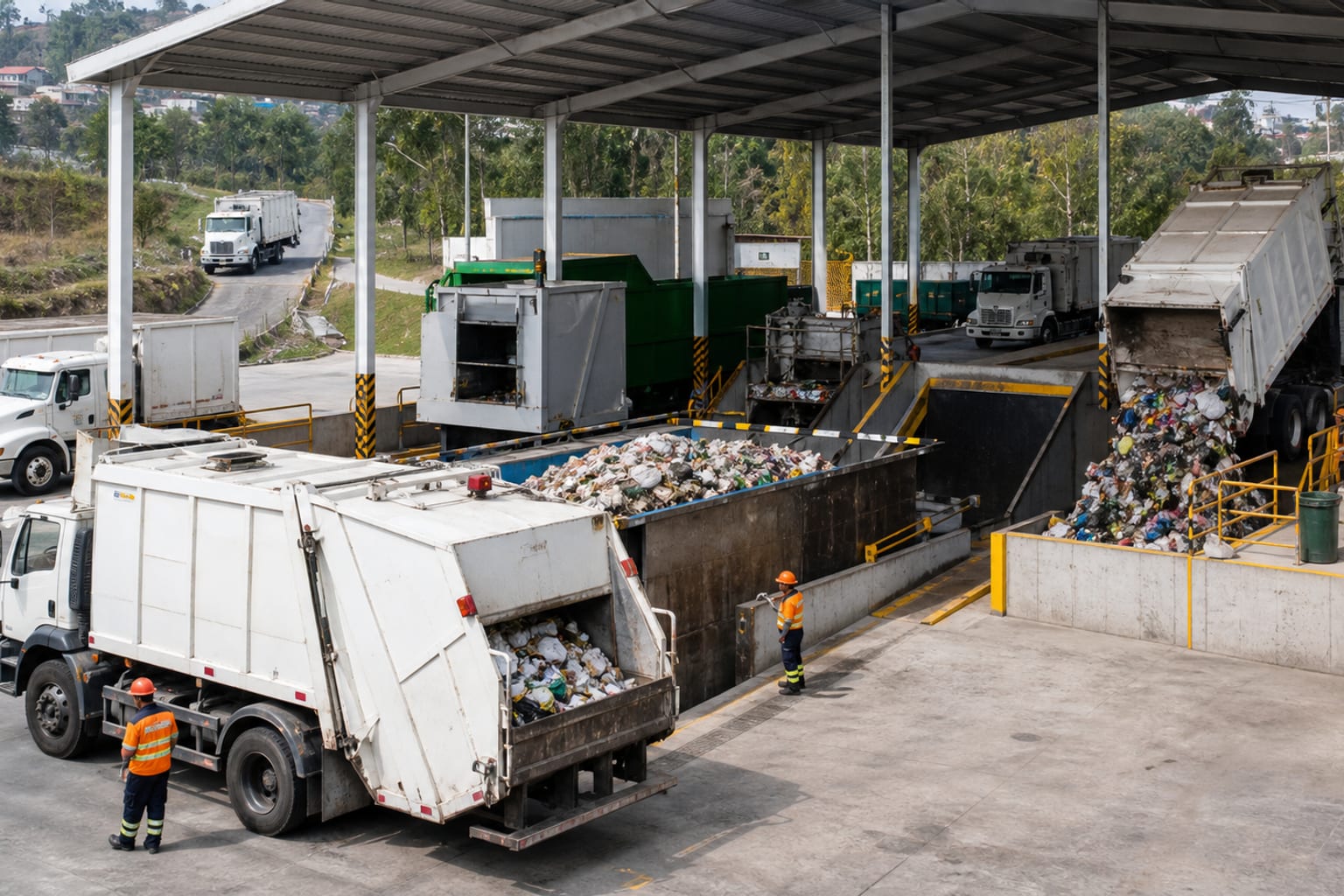 Estación de transferencia con camiones recolectores, compactadores y personal operativo