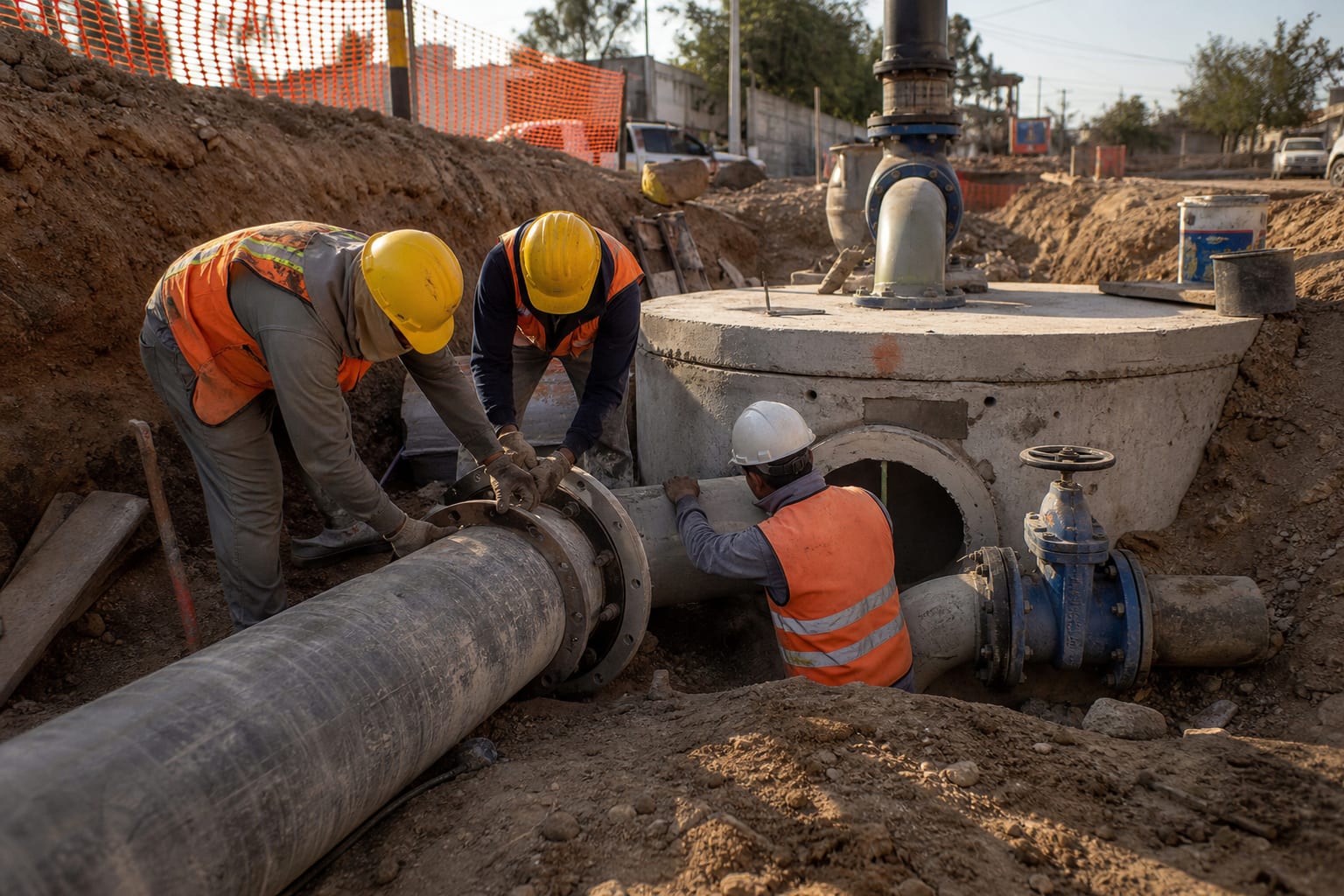 Personal técnico instalando una tubería de gran diámetro para aguas residuales