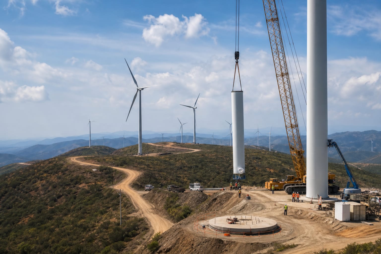 Parque eólico en construcción con caminos, cimentaciones y grúas