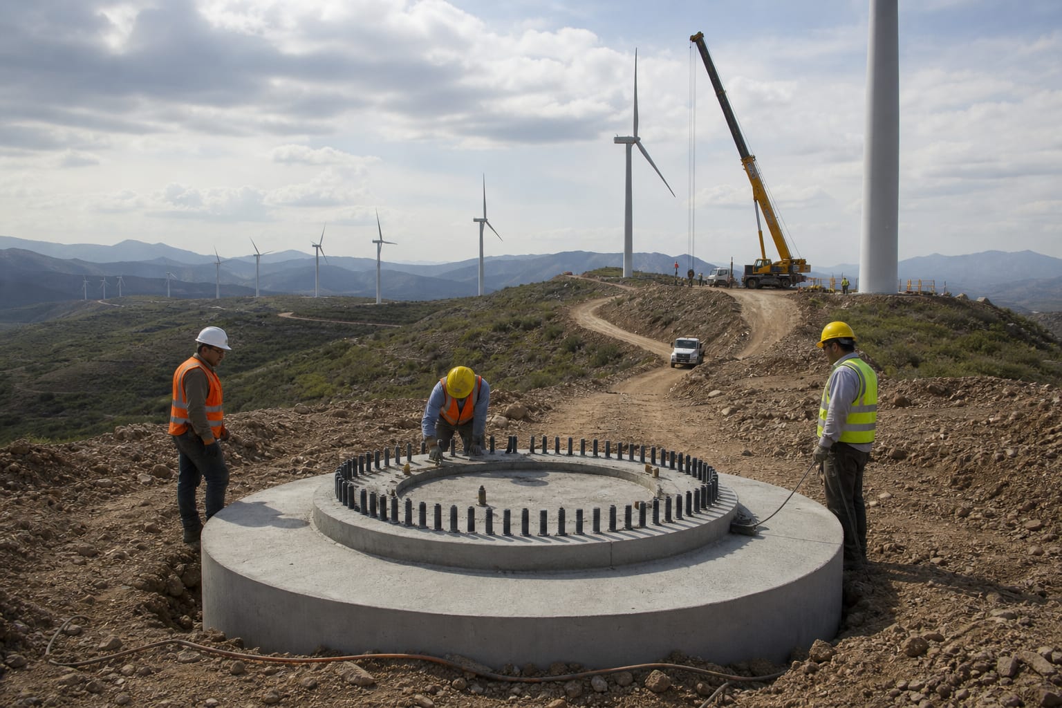 Cimentación y montaje de infraestructura eólica en un paisaje de montaña